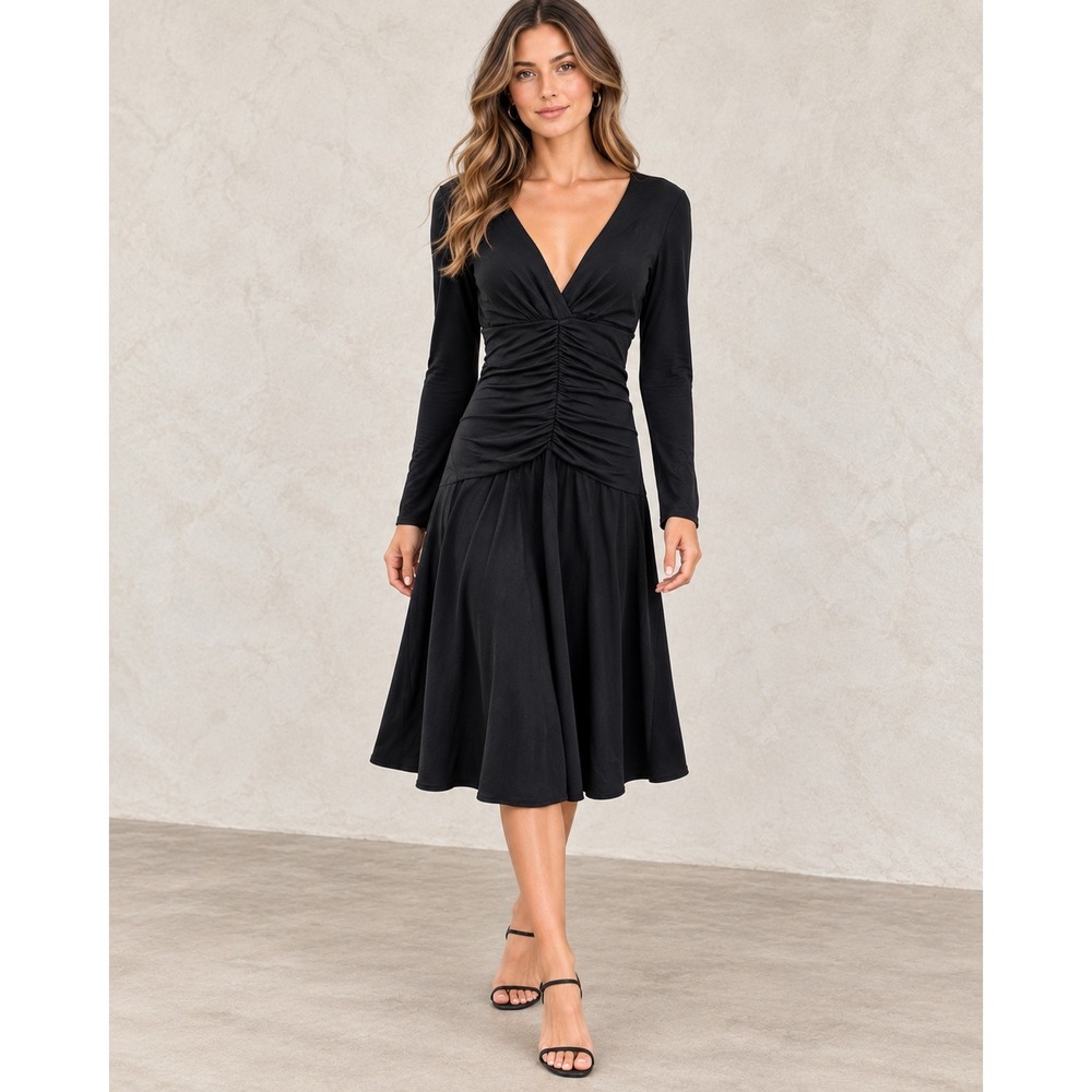Kay Unger Black Ruched Open Back Long Sleeve Midi Dress Womens Small Minimal